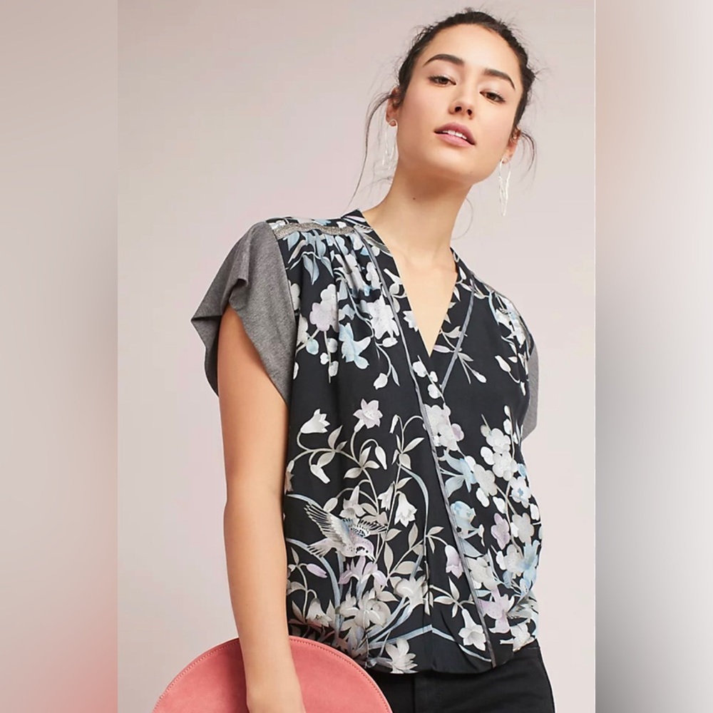 Tiny For Anthropologie Cara Floral Faux Wrap Top Purple Blue Black Gray XL